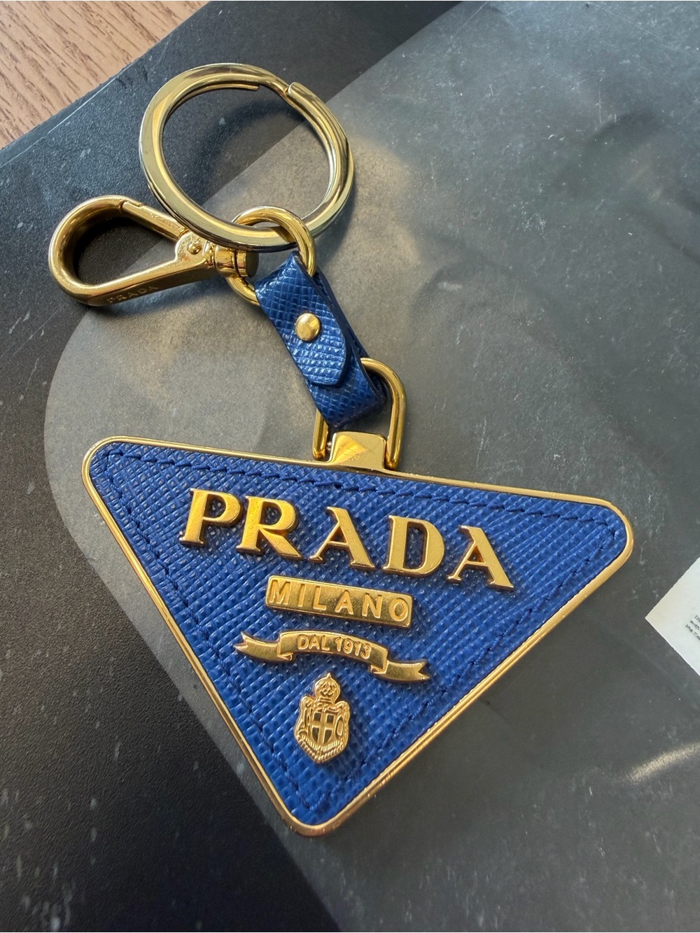 Prada Blue Saffiano Triangle Key Holder with Gold Hardware